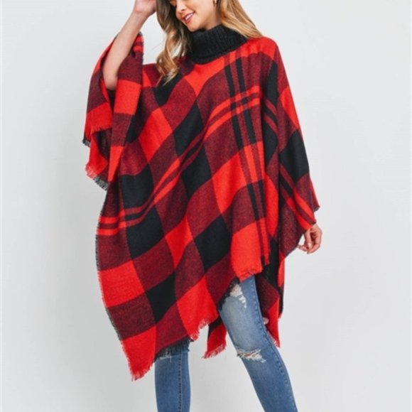 red plaid turtleneck poncho - Picture 2 of 5